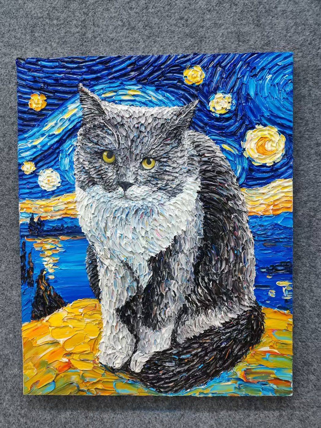 Finished oil portrait of a grey cat with starry background