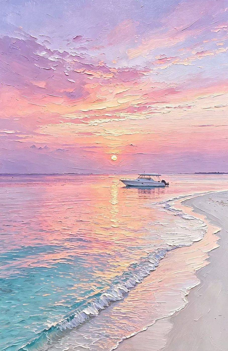 Hand-painted oil painting of the same sunset beach scene with thick impasto texture