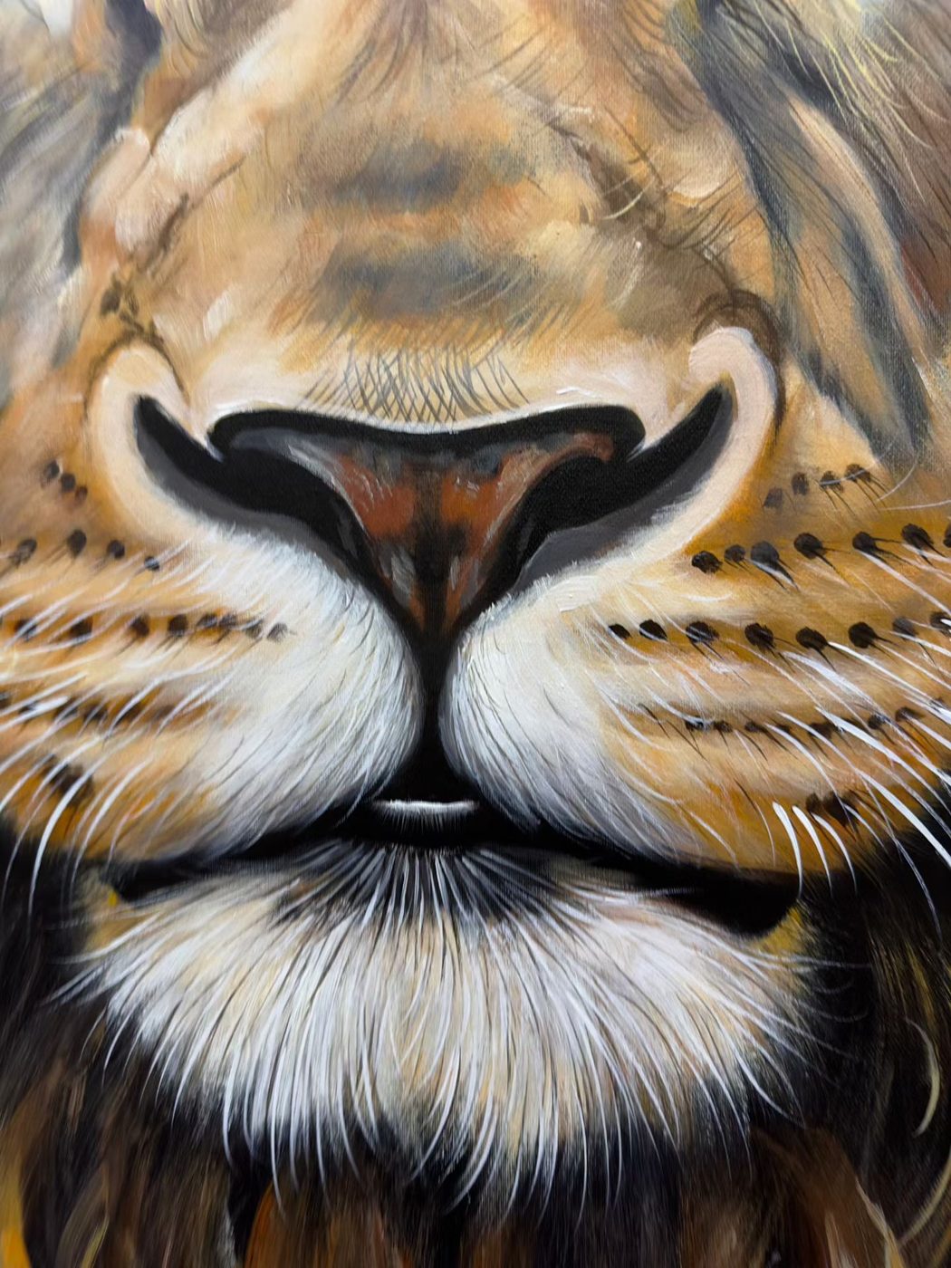 Close-up of the lion's nose and whiskers brushwork