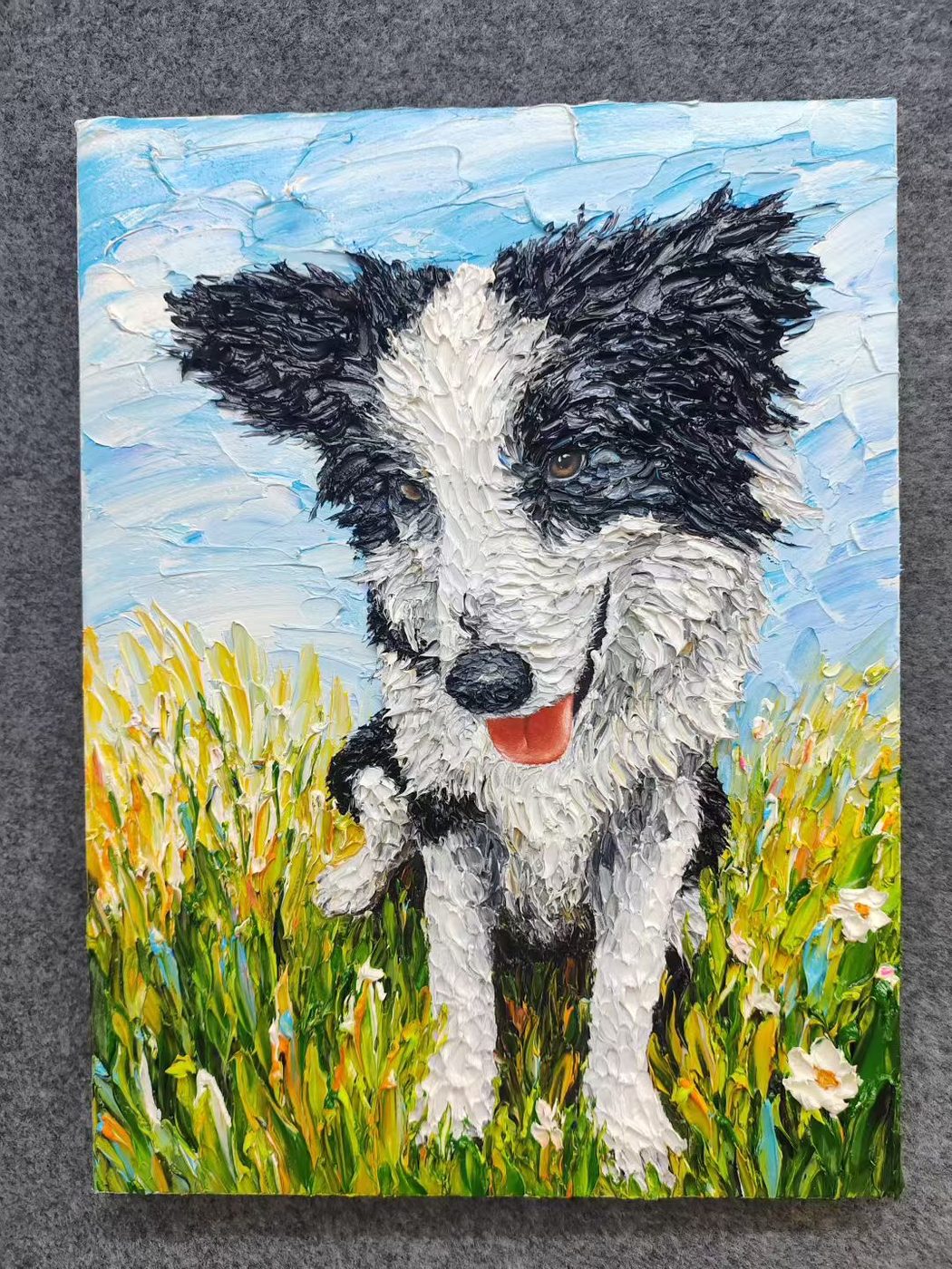 Custom oil painting of the same border collie in impasto outdoor style