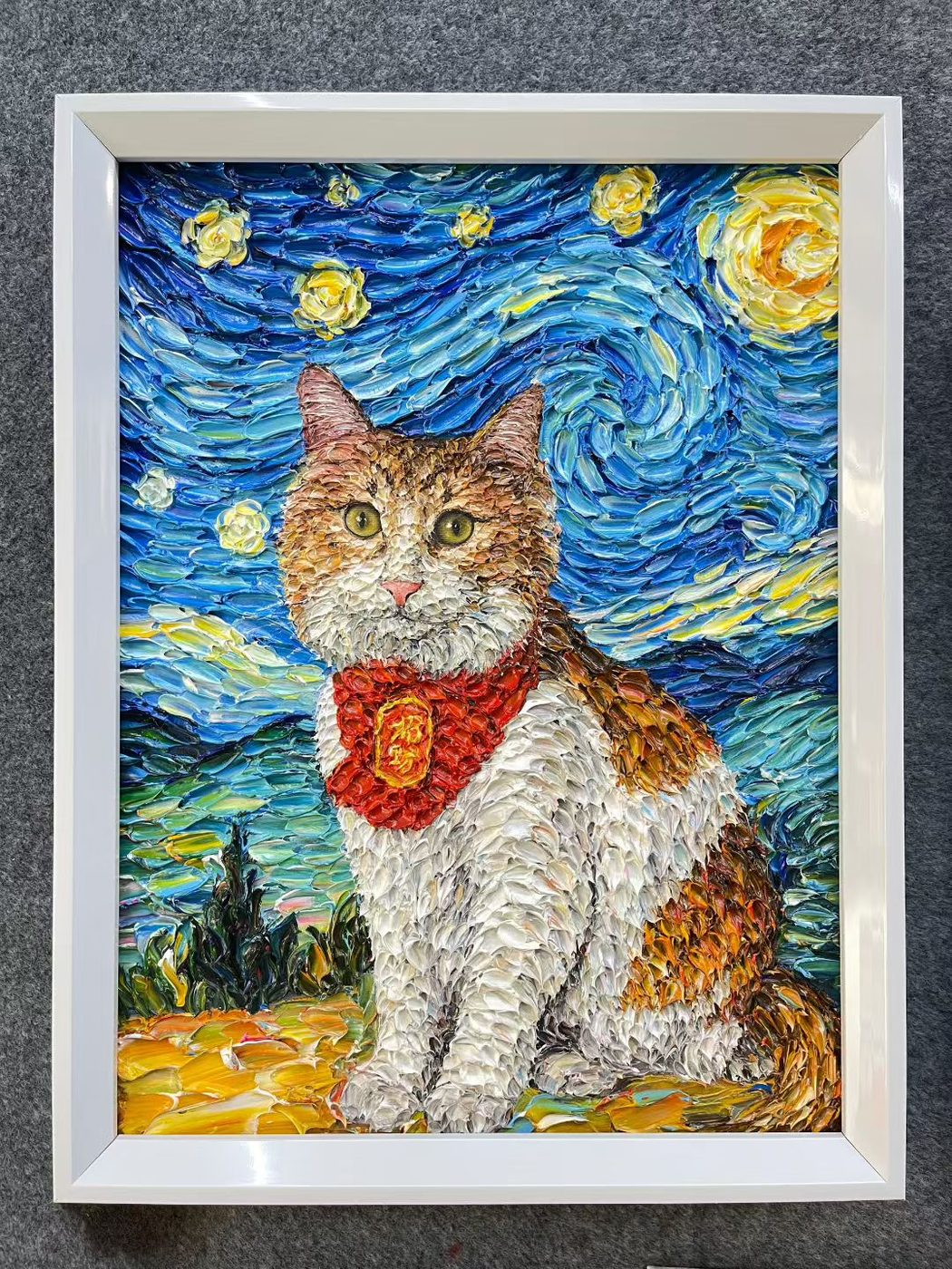 Custom oil painting of the same orange tabby in Starry Night style
