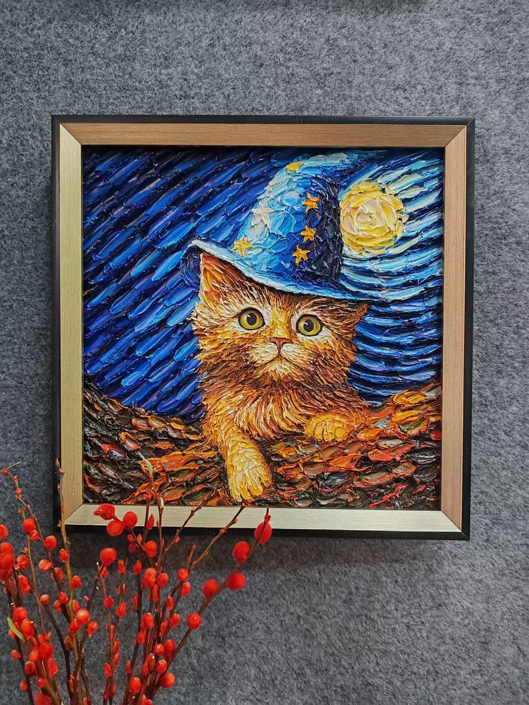 Custom oil painting of an orange cat in wizard hat against Starry Night