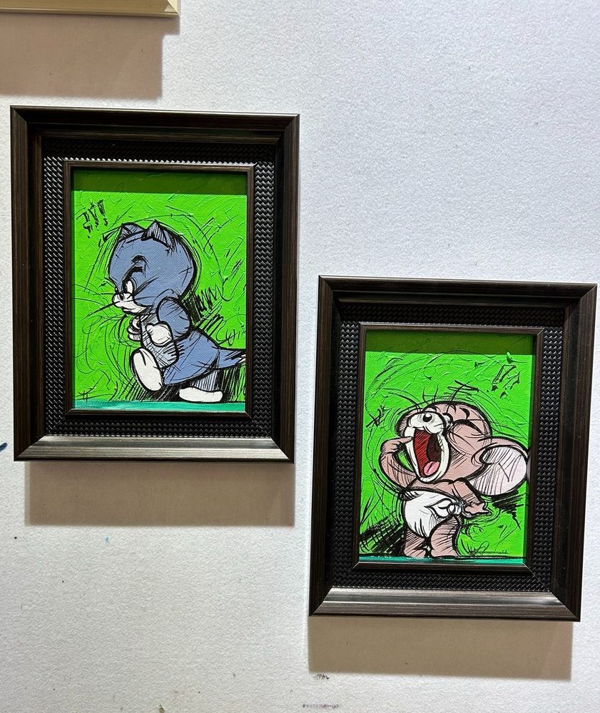 Oil portrait of a dog and koala on a bright green background