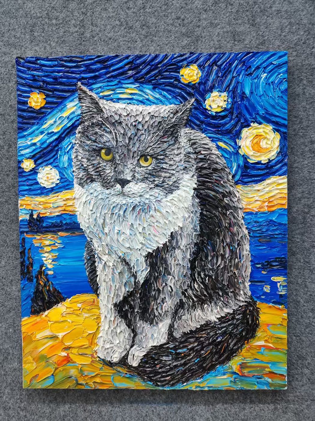 Finished oil portrait of a grey cat with starry background