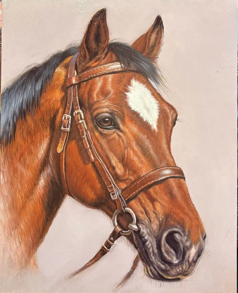 Close-up detail of a realistic horse oil portrait