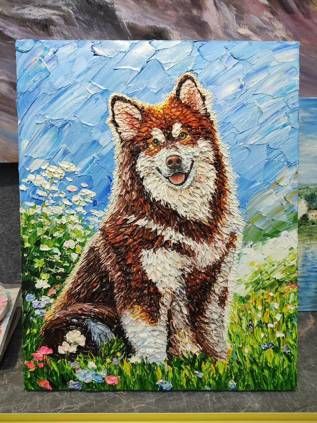Custom oil painting of a husky under blue sky with grass