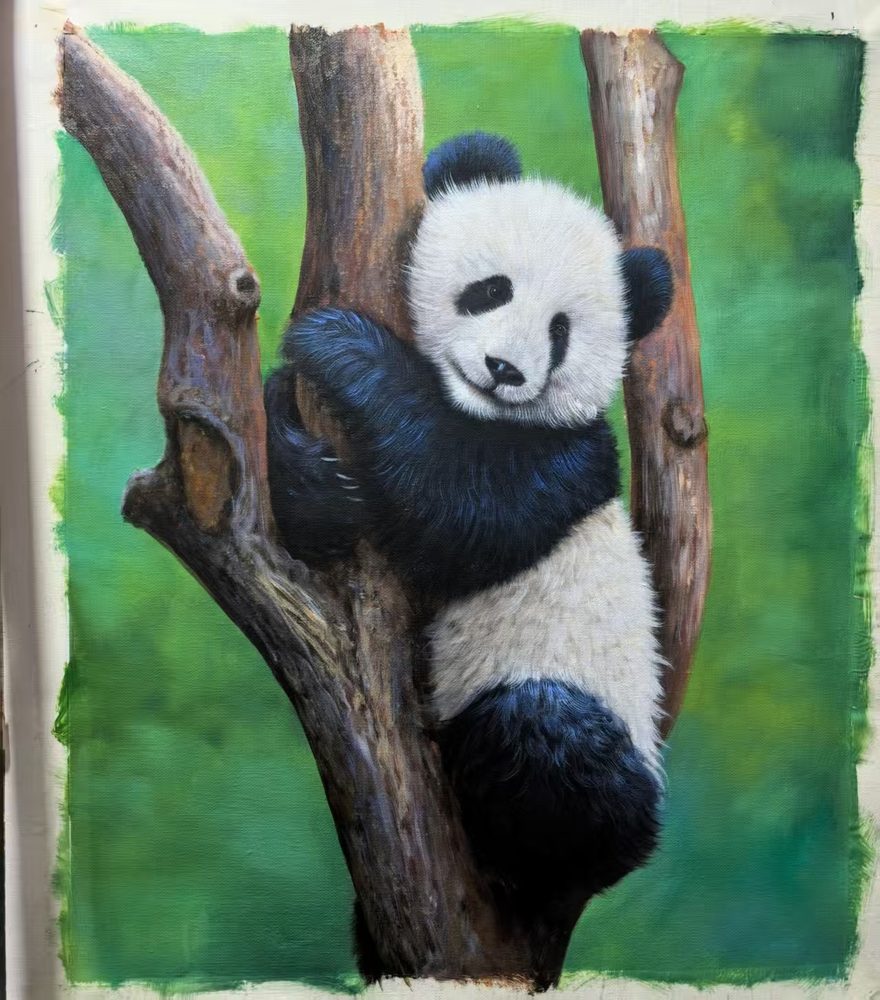 Oil portrait of a panda climbing a tree