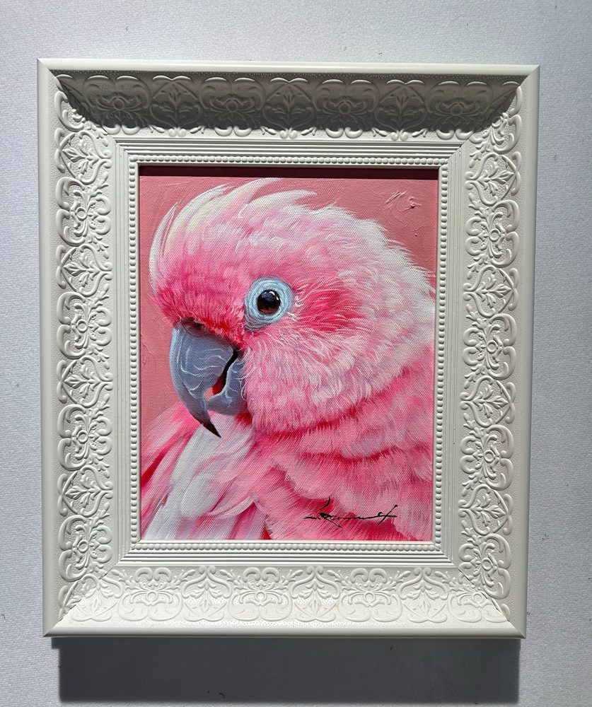 Hand-painted oil portrait of a pink parrot in a white frame