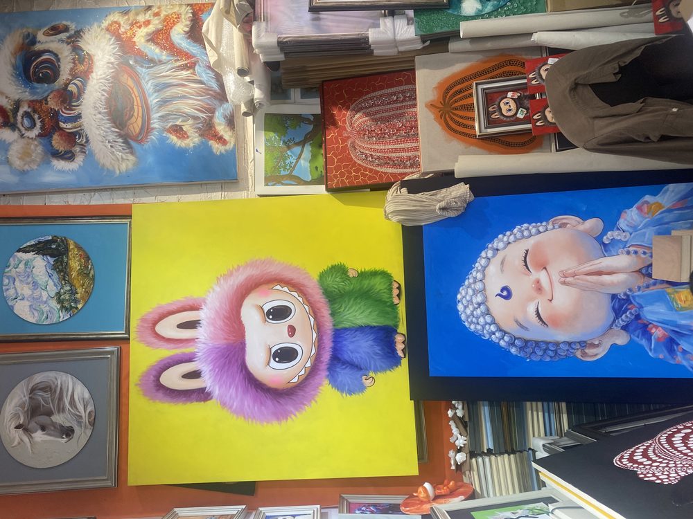 Cartoon-style oil painting of a dog on a rainbow background