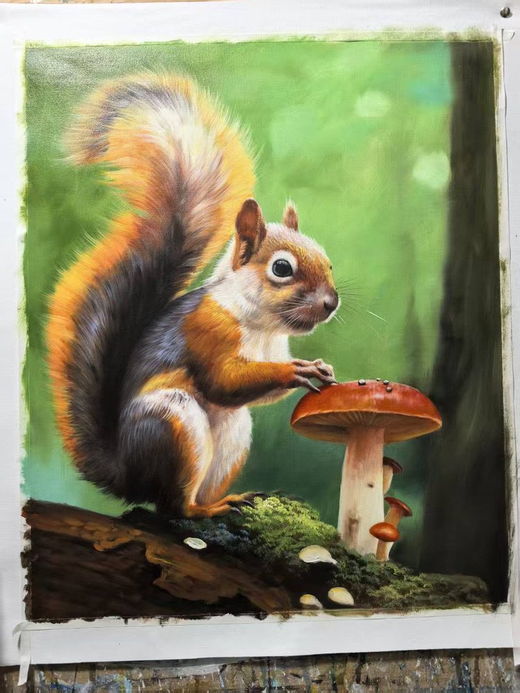 Oil painting of a squirrel with a mushroom in a forest