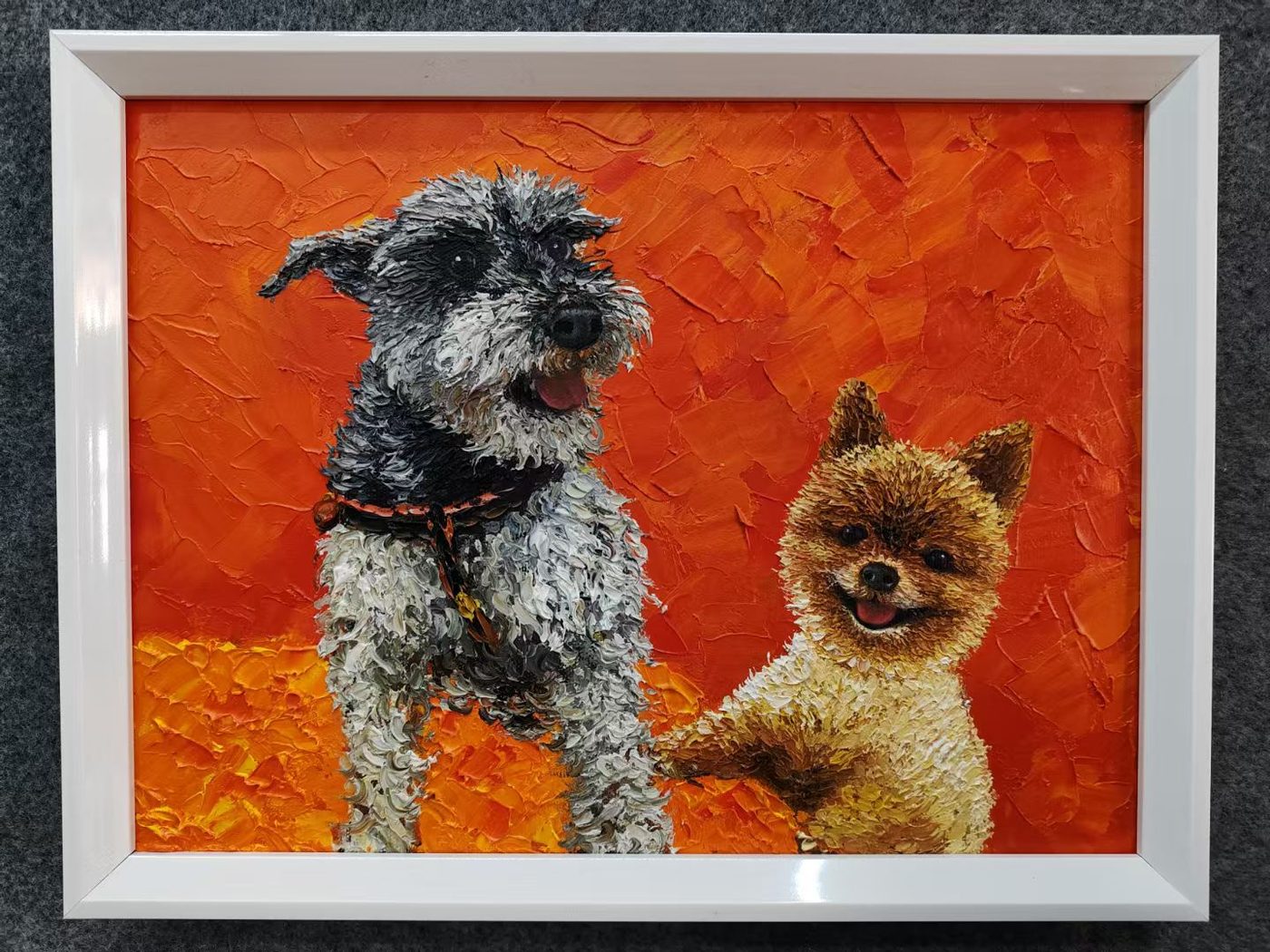 Custom oil painting of two dogs together on a warm orange background