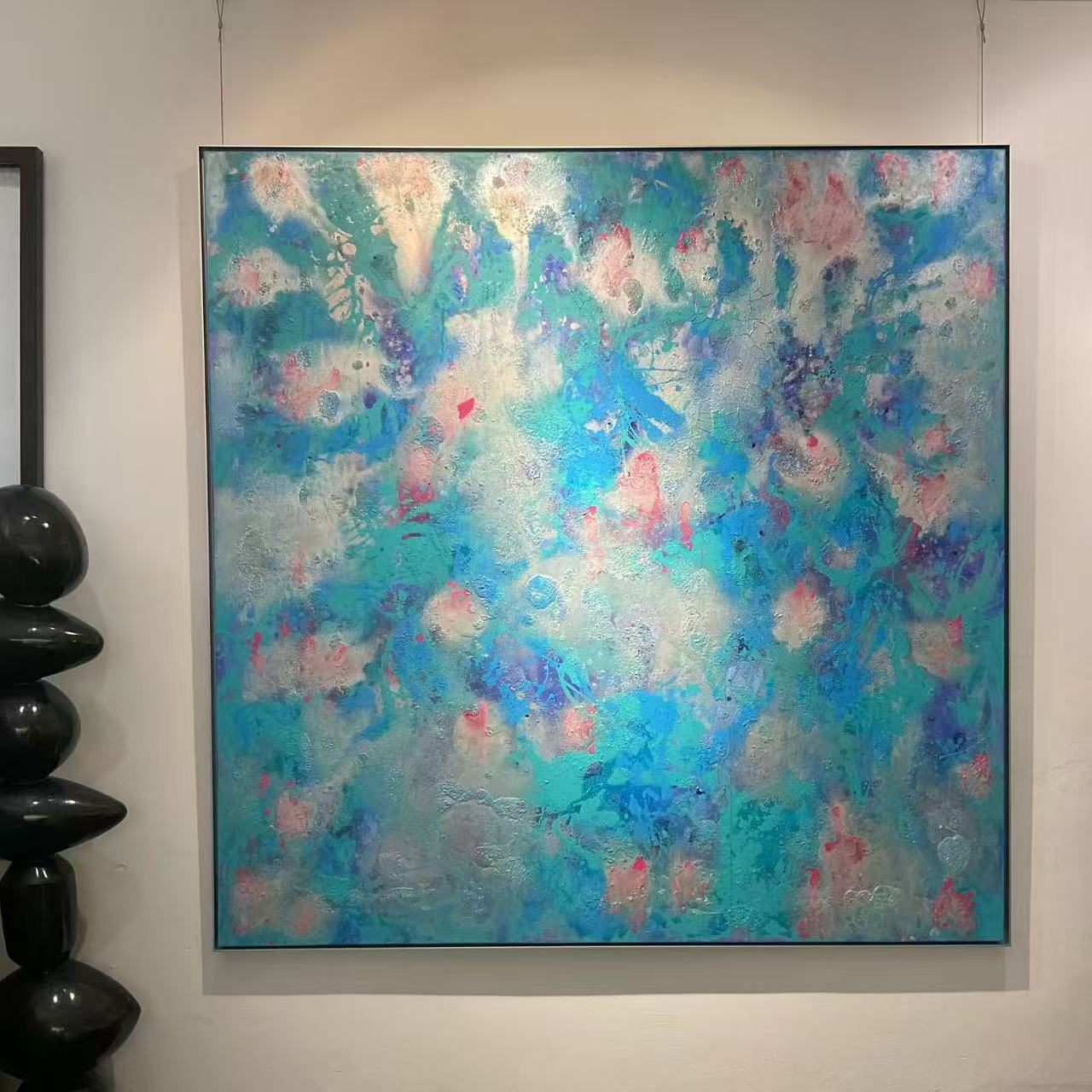 Hand-painted blue textured abstract oil painting on canvas with palette knife ridges