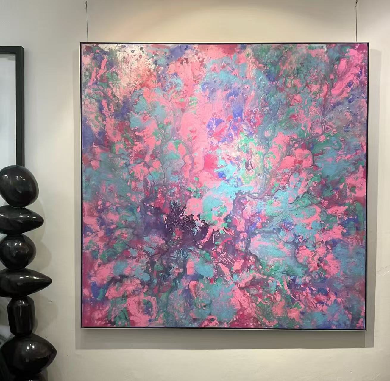 Hand-painted pink textured abstract oil painting on canvas with palette knife ridges