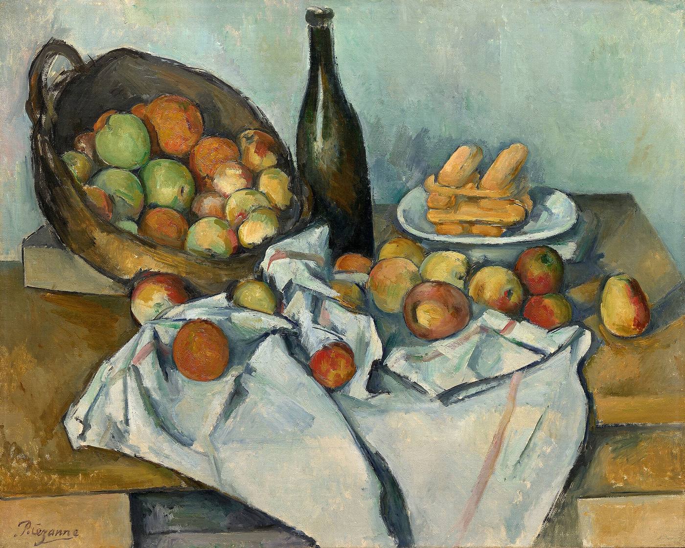 Still life oil painting of a basket of apples