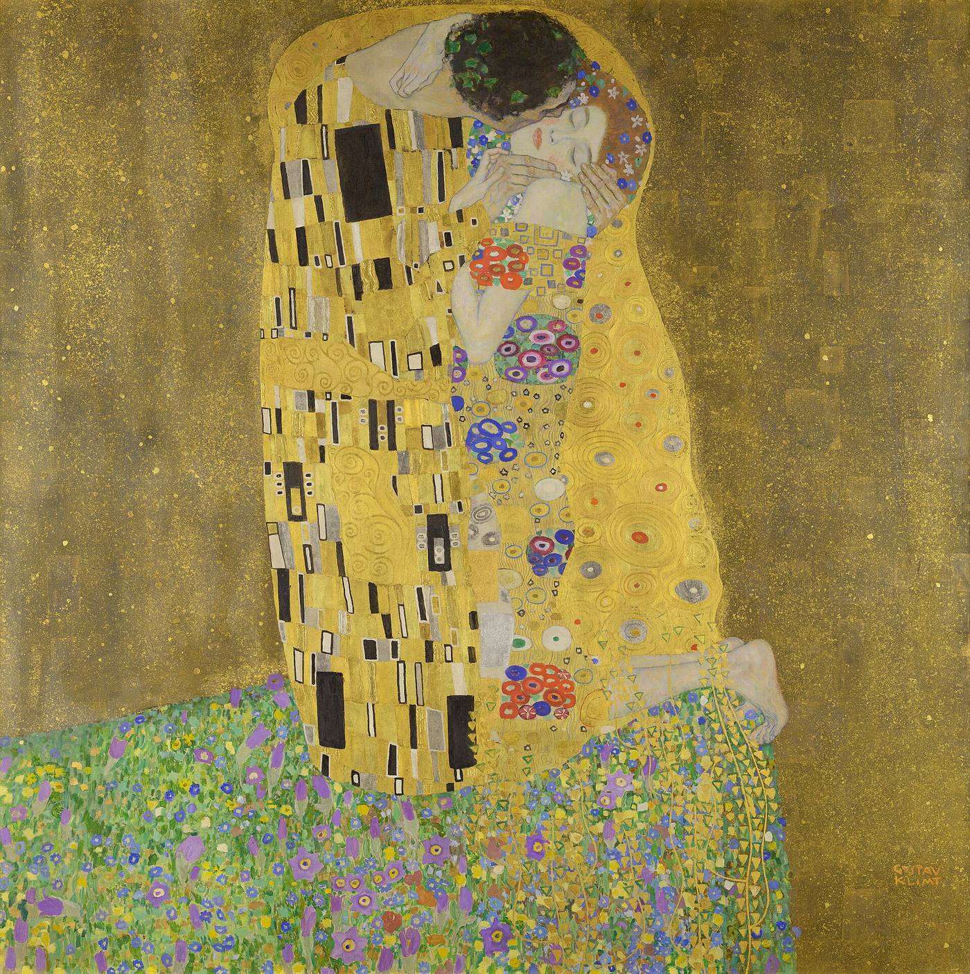 Hand-painted Klimt The Kiss oil reproduction in gold leaf