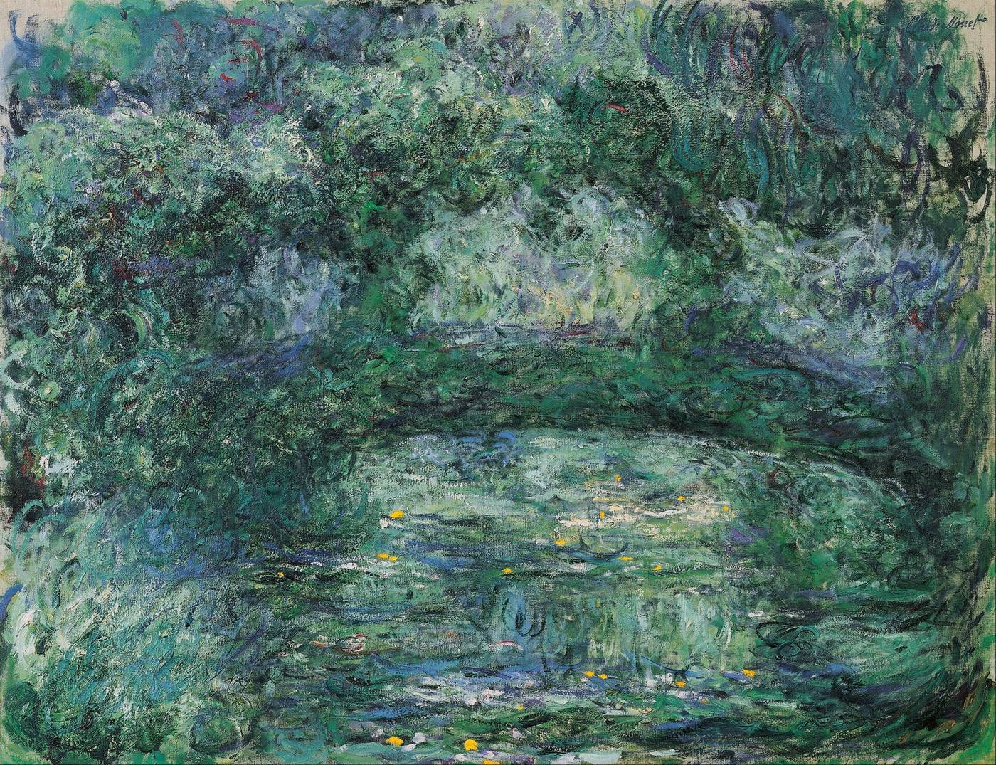 Hand-painted oil reproduction of Monet's The Japanese Bridge with green water lilies and arched bridge