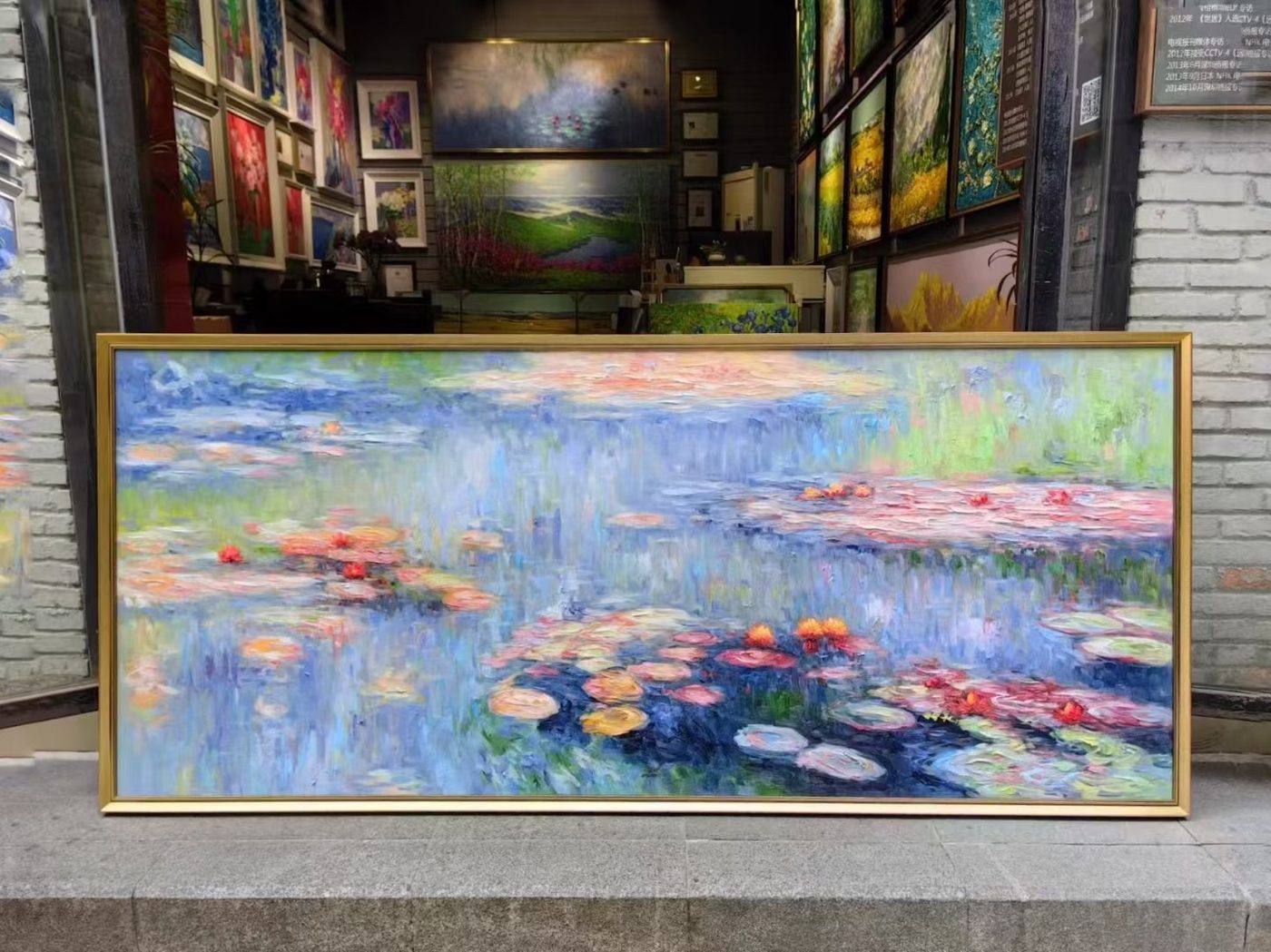 Hand-painted Monet Water Lilies oil painting reproduction in a gold frame