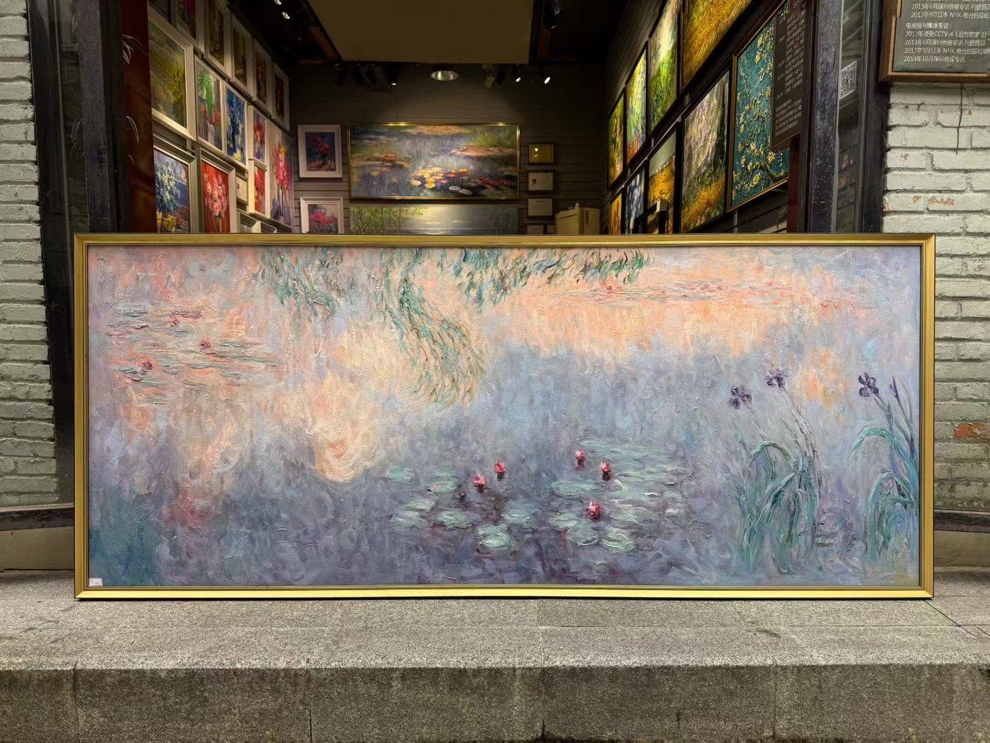 Hand-painted Monet Water Lilies reproduction in soft pastel tones
