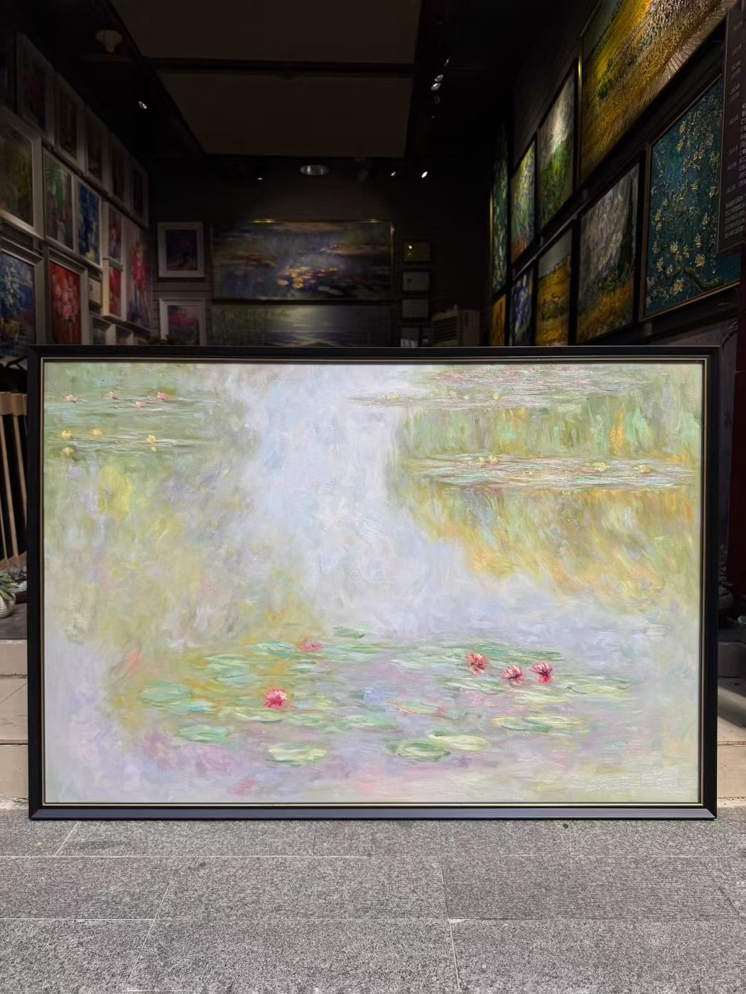 Hand-painted Monet Water Lilies reproduction in soft pink tones