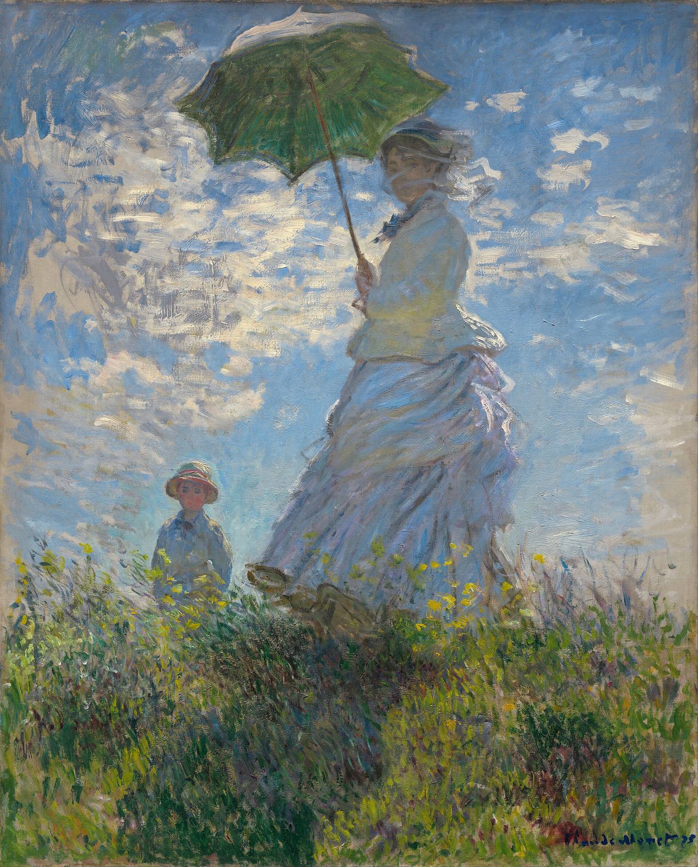 Landscape oil painting with figure and parasol