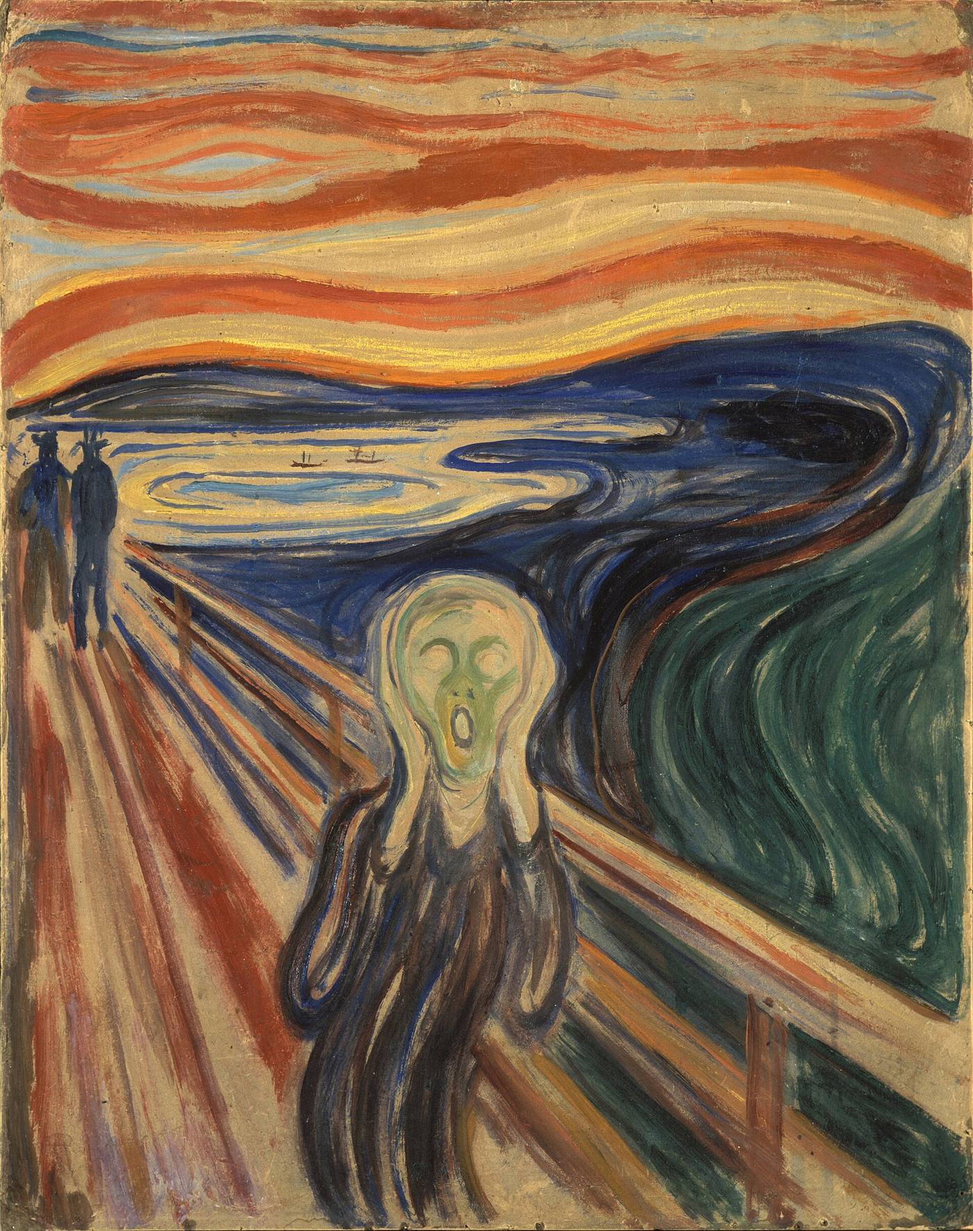 Hand-painted oil reproduction of Edvard Munch's The Scream with red sky and curved bridge