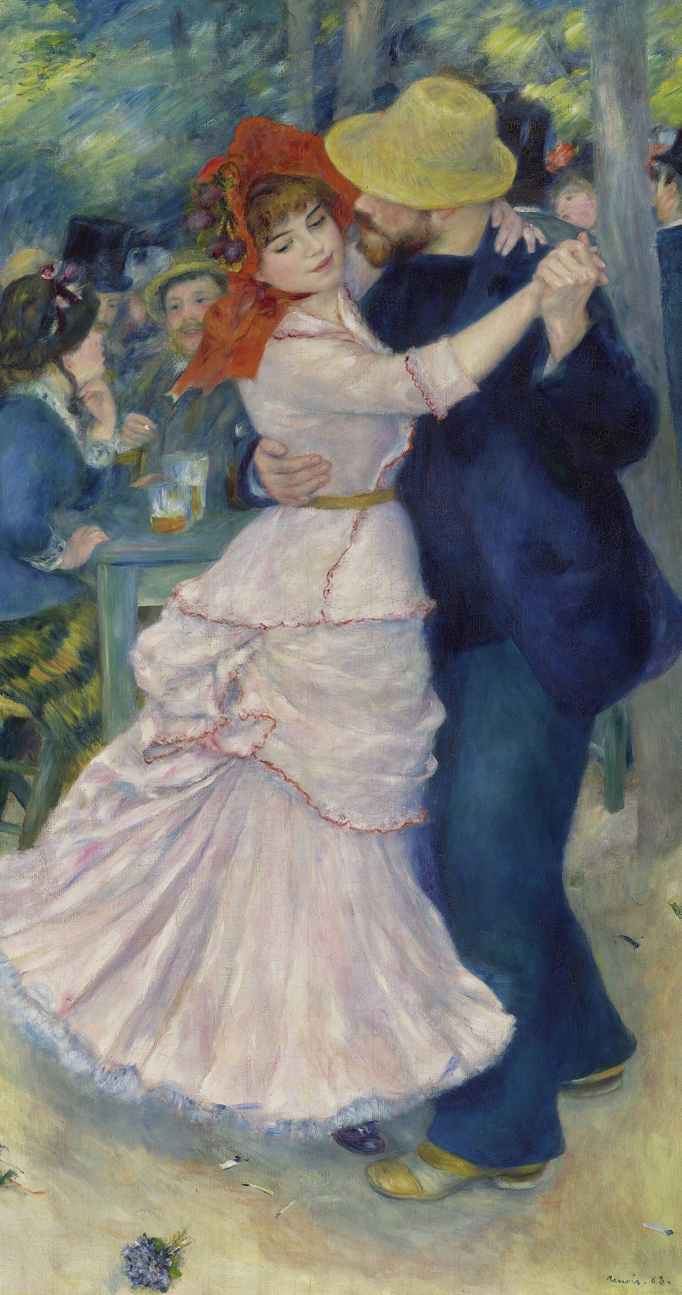 Impressionist oil painting, figures dancing outdoors