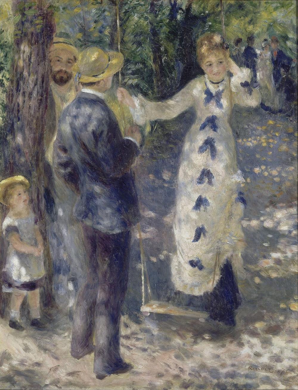 Hand-painted oil reproduction of Renoir's The Swing with dappled sunlight on a blue dress in a garden
