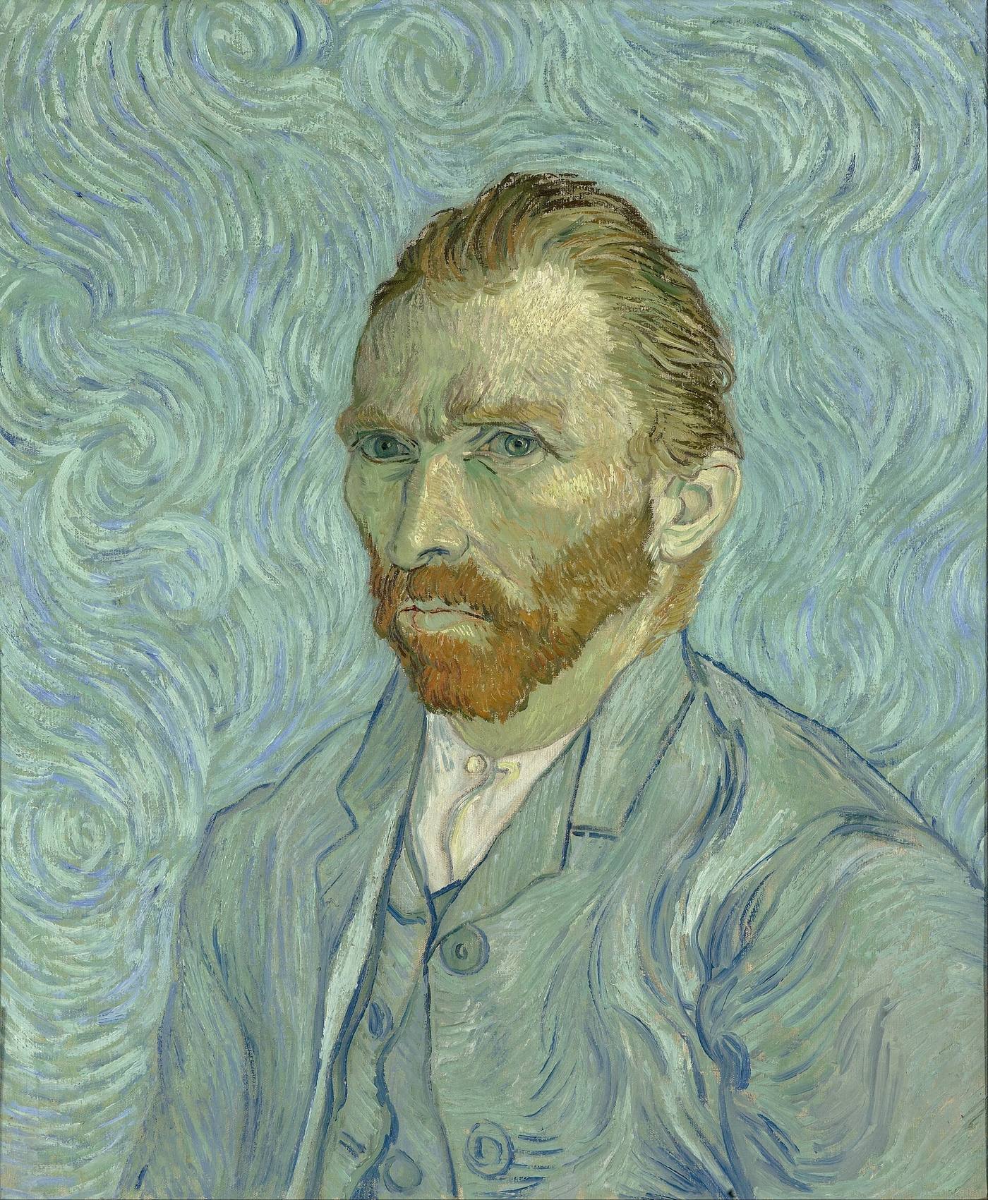 Hand-painted oil reproduction of Van Gogh's Self-Portrait with pale blue green swirling background