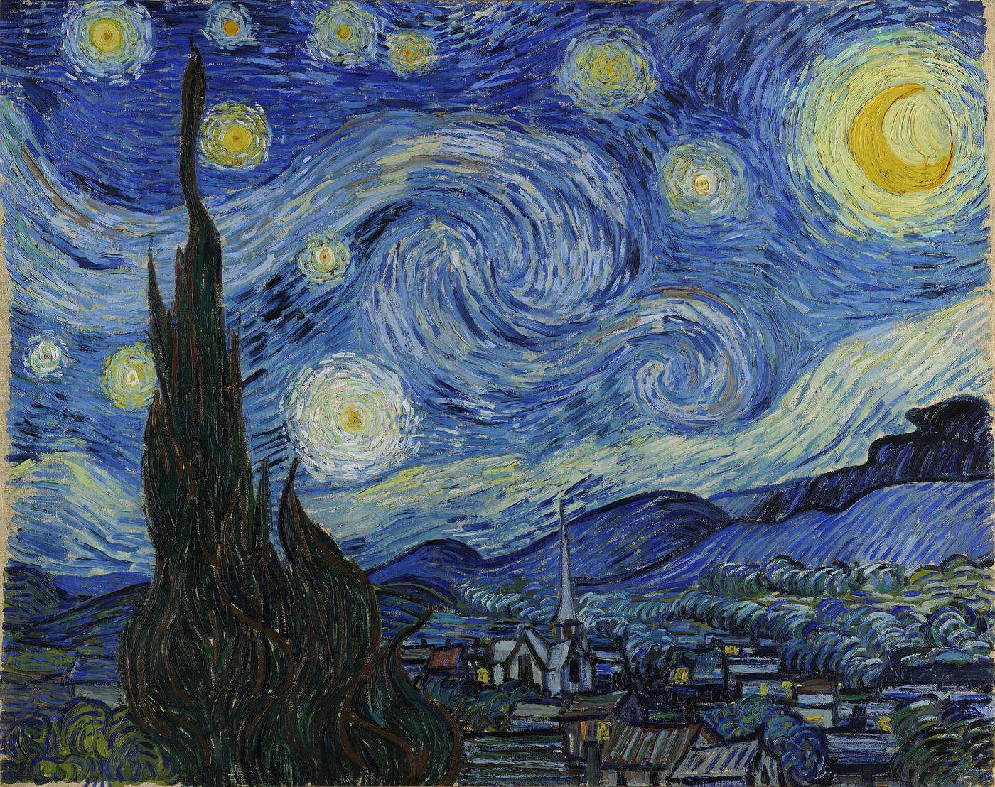Hand-painted oil reproduction of Van Gogh's The Starry Night with swirling night sky, glowing stars and dark cypress