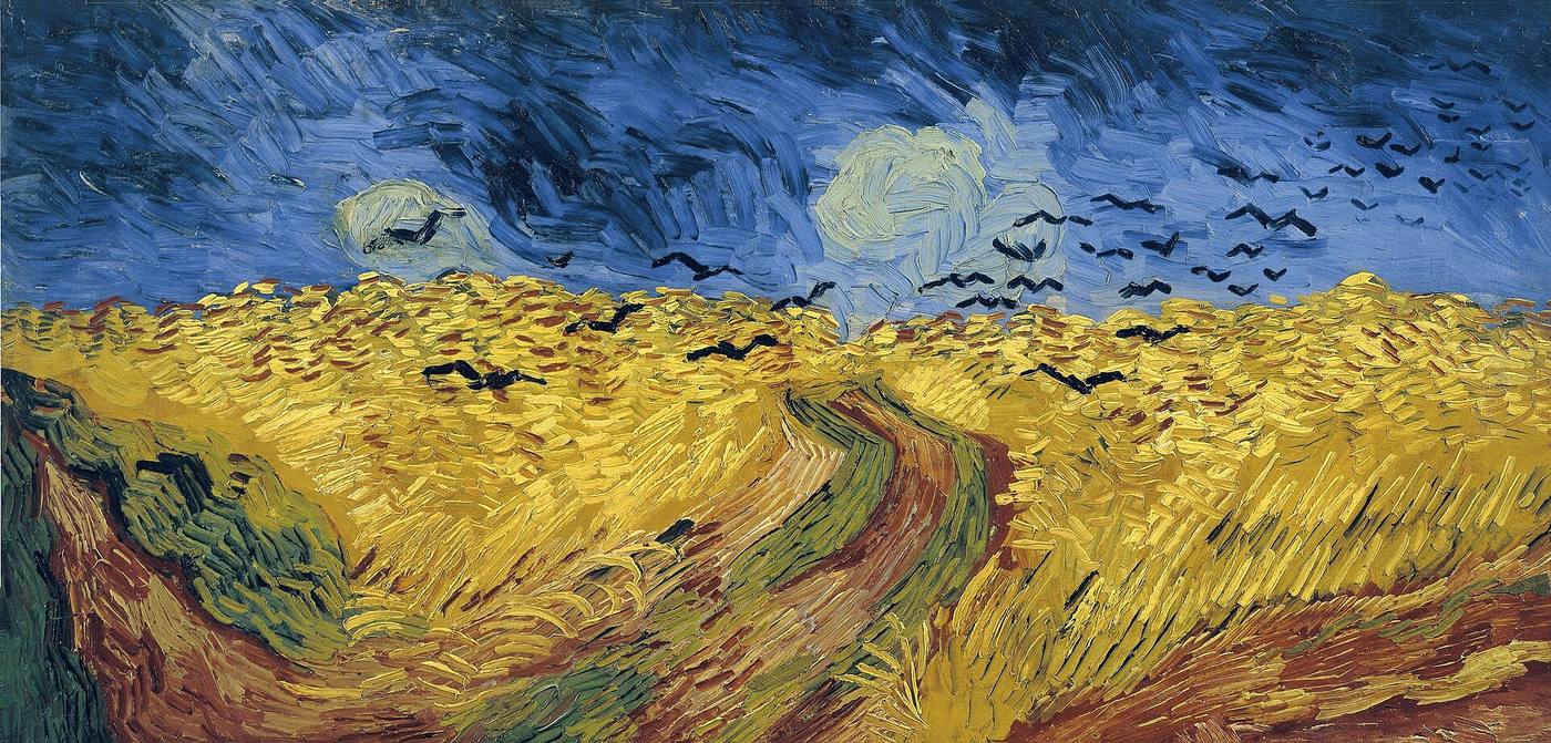 Hand-painted oil reproduction of Van Gogh's Wheatfield with Crows with dark storm sky and wide wheat field
