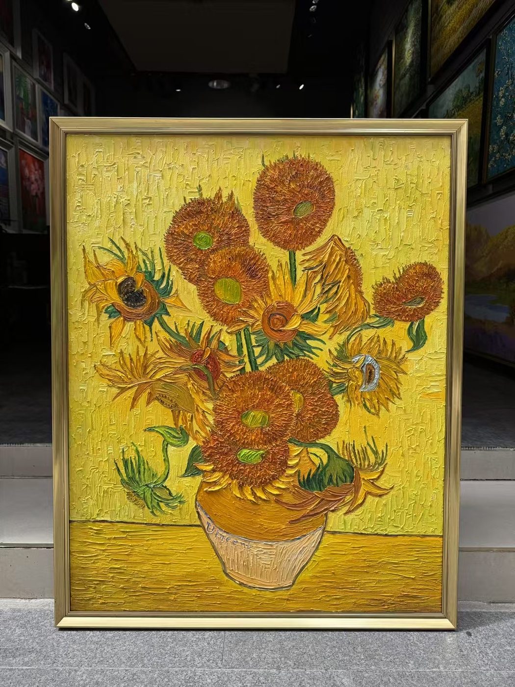 Hand-painted Van Gogh Sunflowers reproduction in a gold frame