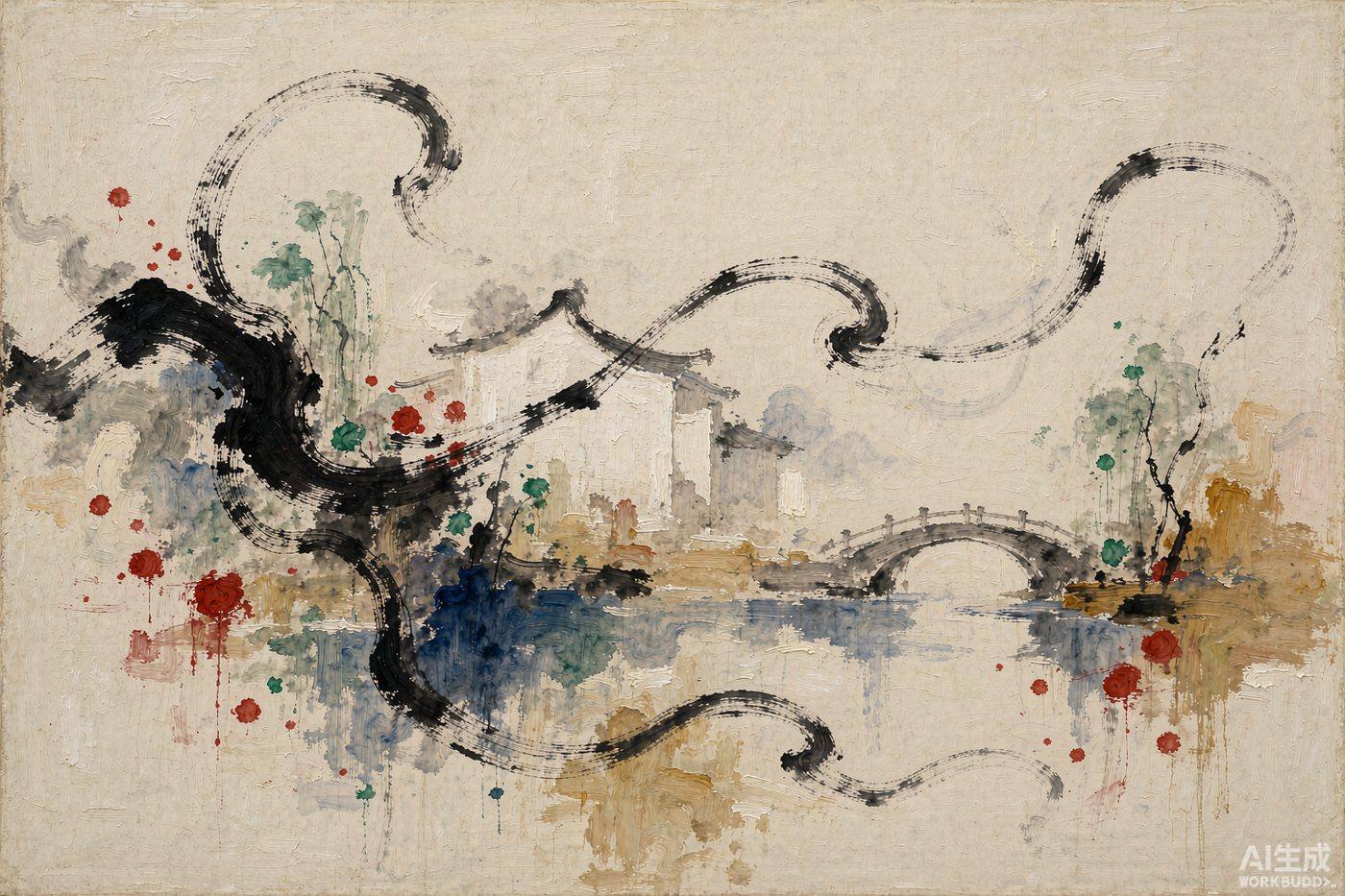An AI-generated original homage illustration in the visual spirit of Wu Guanzhong — black calligraphic lines, scattered vermilion and jade dots, riverside houses and a bridge, not the artist's work and not for sale